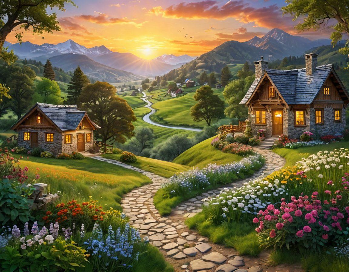 A serene landscape depicting a winding path leading through a green valley filled with flourishing financial symbols like coins and dollar signs blossoming as flowers. In the distance, a cheerful sun rises above a quaint cottage representing financial stability and happiness. A diverse group of people of different ages walks along the path, exchanging ideas and smiles. The colors are bright and uplifting, conveying a sense of joy and success in wealth management. vibrant colors. serene landscape. super-realistic.