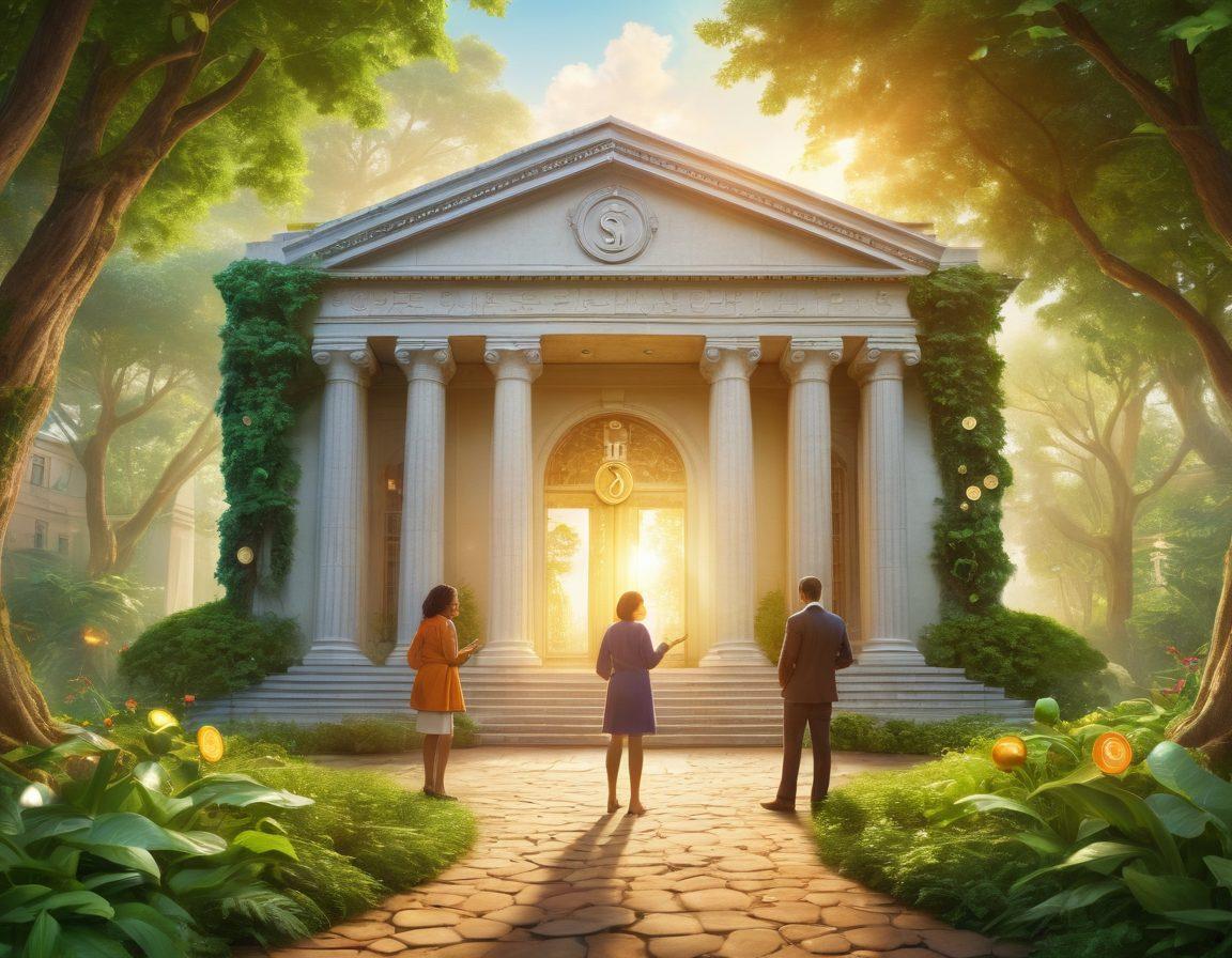 A serene landscape featuring a diverse group of people joyfully engaging in financial discussions, surrounded by lush greenery and symbols of prosperity like coins and dollar signs. Include elements representing joyful banking, such as a large, welcoming bank building with open doors and sunlight shining through. Enhance the scene with vibrant colors and warm lighting to evoke happiness and positivity. super-realistic. vibrant colors.