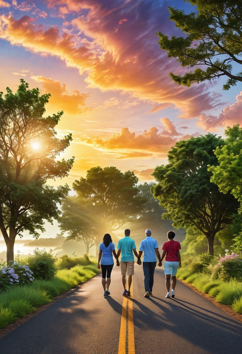 A serene, winding road leading towards a bright horizon, lined with lush green trees and signs that symbolize financial wellness, like savings jars and flourishing plants. A diverse group of happy individuals walking hand-in-hand, with joy reflected on their faces, illustrating community and support on the journey. The sky is vibrant with colors of sunrise, symbolizing new beginnings and hope for financial happiness. super-realistic. vibrant colors. 3D.